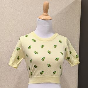 Cider S Avocado Print Knit Crop Top Yellow Short Sleeve Sweater